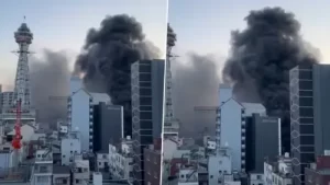 Fire Near Osaka's Tsutenkaku Tower